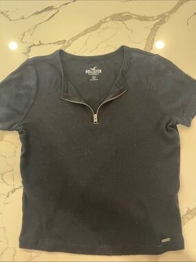 Hollister Navy Short-Sleeve Ribbed Zip-Neck Tee